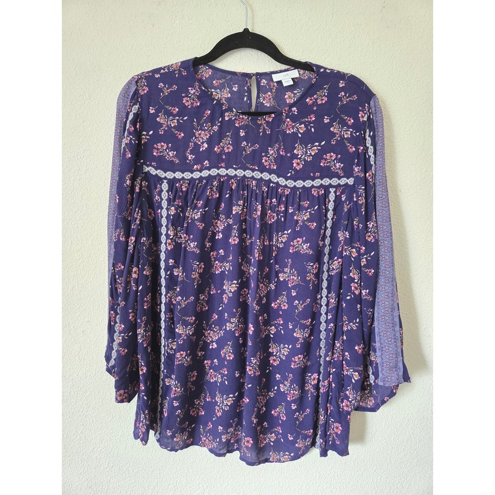 J. Jill Womens Medium Floral Boho Peasant Top Navy Blue Pink Rayon Wide Sleeve - Picture 10 of 10